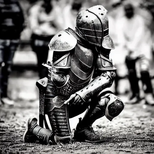 Prompt: a dirty knight taking a knee