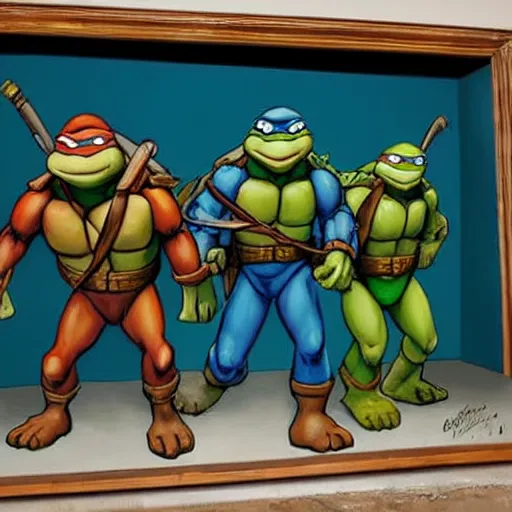Prompt: teenage mutant ninja turtles inside of a blockbuster painted by edward hopper