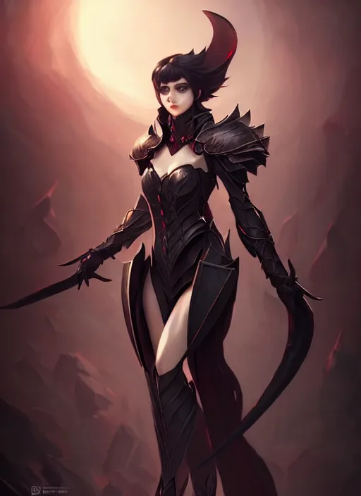 Image similar to full plate armor!!! beautiful and elegant dark hair female vampire!! gorgeous ayes!! character concept art, sharp focus, octane render! unreal engine 5! highly rendered!! trending on artstation!! detailed linework!! illustration by artgerm, wlop, and chie yoshii