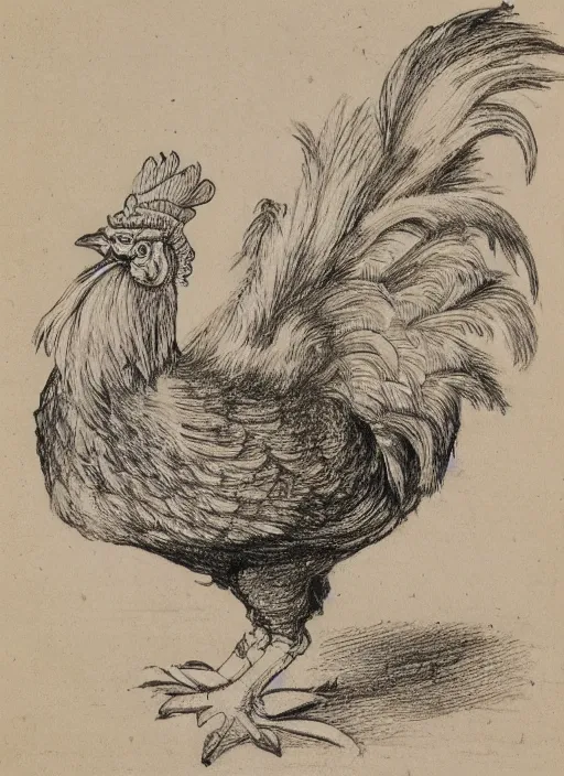 Image similar to a detailed, intricate drawing on parchment with white highlights of a rooster on a beach, by albrecht durer