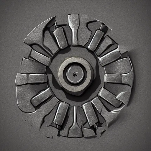 Image similar to 2 d illustration of ancient technology artifact made of steel and stone, with glow on some of its parts, monochromatic background, by afshar, petros