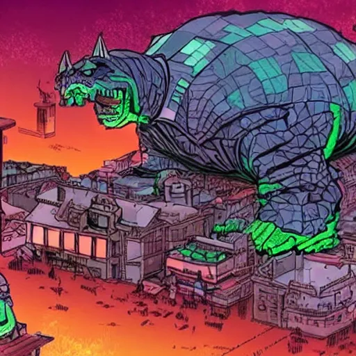 Image similar to giant cybertoad of death destroying a city