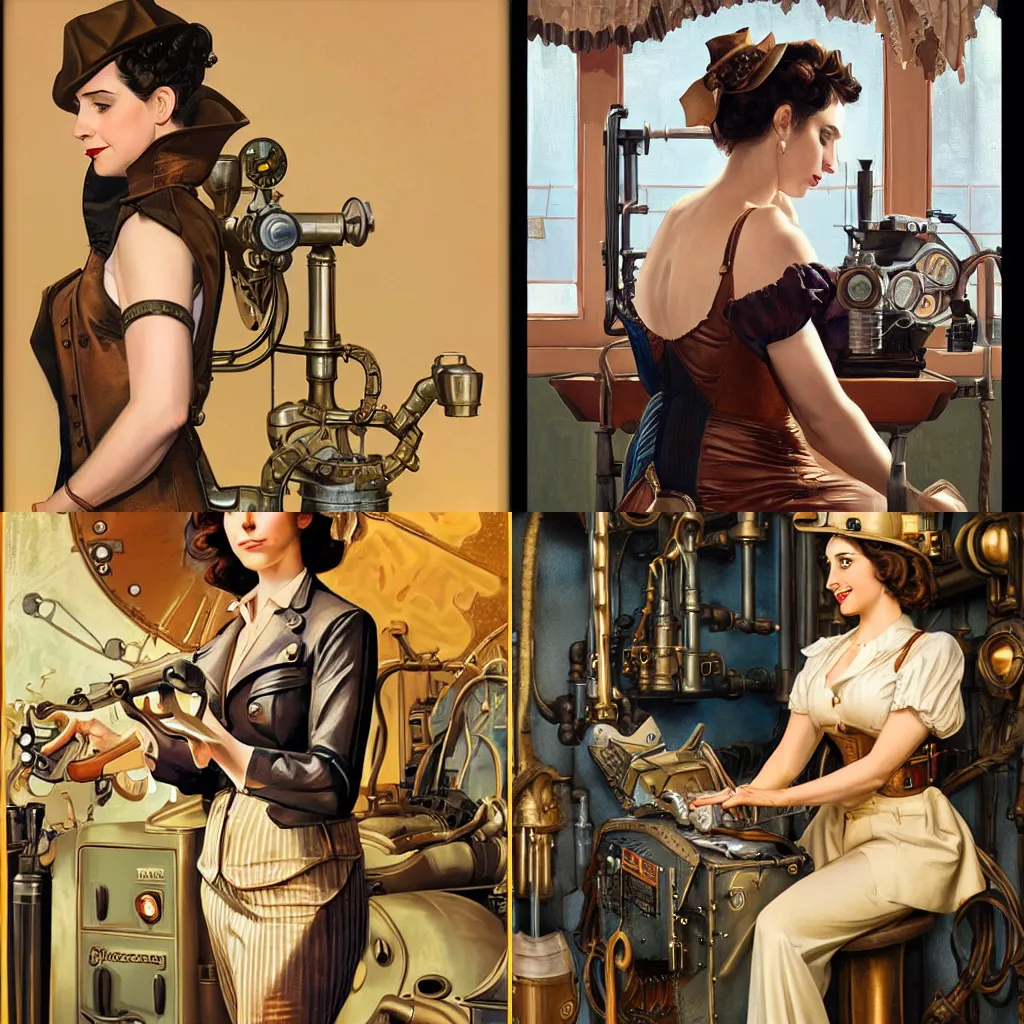 Prompt: in the style of J. C. Leyendecker:: steampunk Alison Brie working on a machine:: sunrise beautiful day:: diffuse lighting