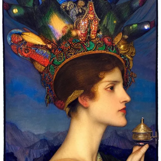 Image similar to queen of twilight with her lantern, by Annie Swynnerton and Diego Rivera and Tino Rodriguez and Maxfield Parrish, elaborate headdress and embroidered velvet, iridescent beetles, rich color, dramatic cinematic lighting, extremely detailed