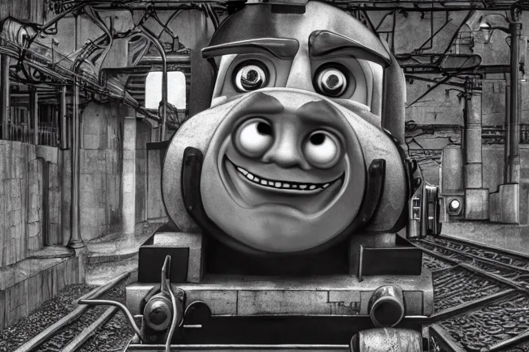 Image similar to Dystopian Thomas the Tank Engine laughing like The Joker by H.R. Giger. Grayscale