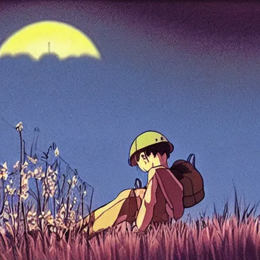 Prompt: Film still from Graveyard of the Fireflies (1988), evening, Studio Ghibli, Artstation