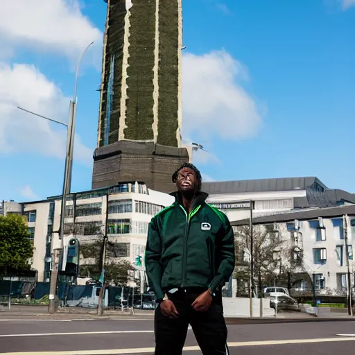 Image similar to photograph of a black man with afro hair and stubble wearing an adidas army green jacket ( ( ( the size of a tower ) ) ), looming over dublin