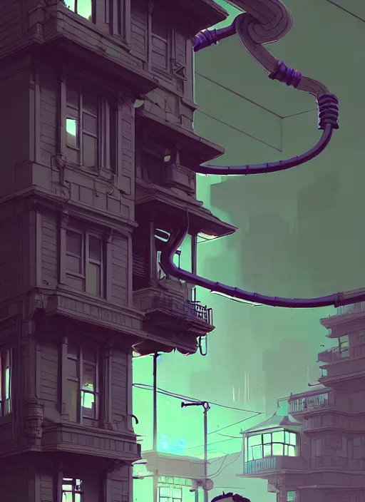 Prompt: highly detailed building villa style hoses by atey ghailan, james gilleard, by joe fenton, by greg rutkowski, by greg tocchini, by kaethe butcher, 4 k resolution, gradient purple, brown black and white color scheme!!! ( ( green flaming robotic sewer background ) )