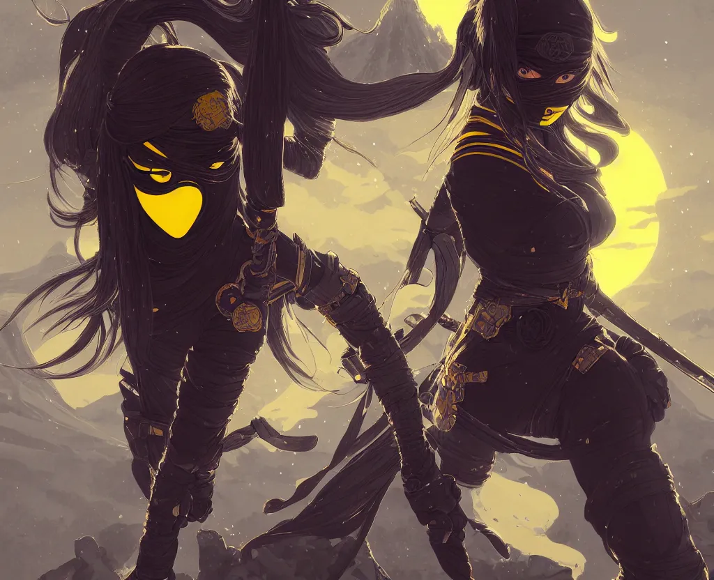 Image similar to portrait ninja gaiden girl, black plus little yellow ninja wardrobe, at snowy fuji mountain sunrise, ssci - fi and fantasy, intricate and very very beautiful, detailed, digital painting, artstation, concept art, smooth and sharp focus, illustration, art by tian zi and wlop and alphonse mucha