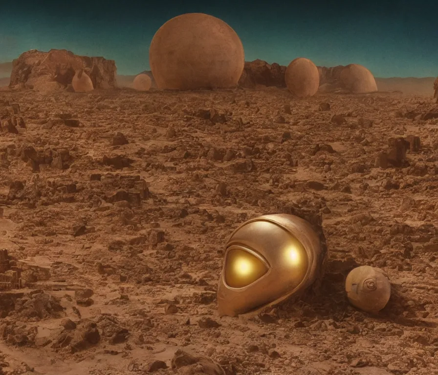 Image similar to glowing bene gesserit in full - face golden mask in a dry rocky desert landscape with abandoned city beneath the sand and giant alien spaceship in the sky attacks the earth by christopher doyle and alejandro jodorowsky, anamorphic lens, kodakchrome, cinematic composition, very detailed photo, 8 k,