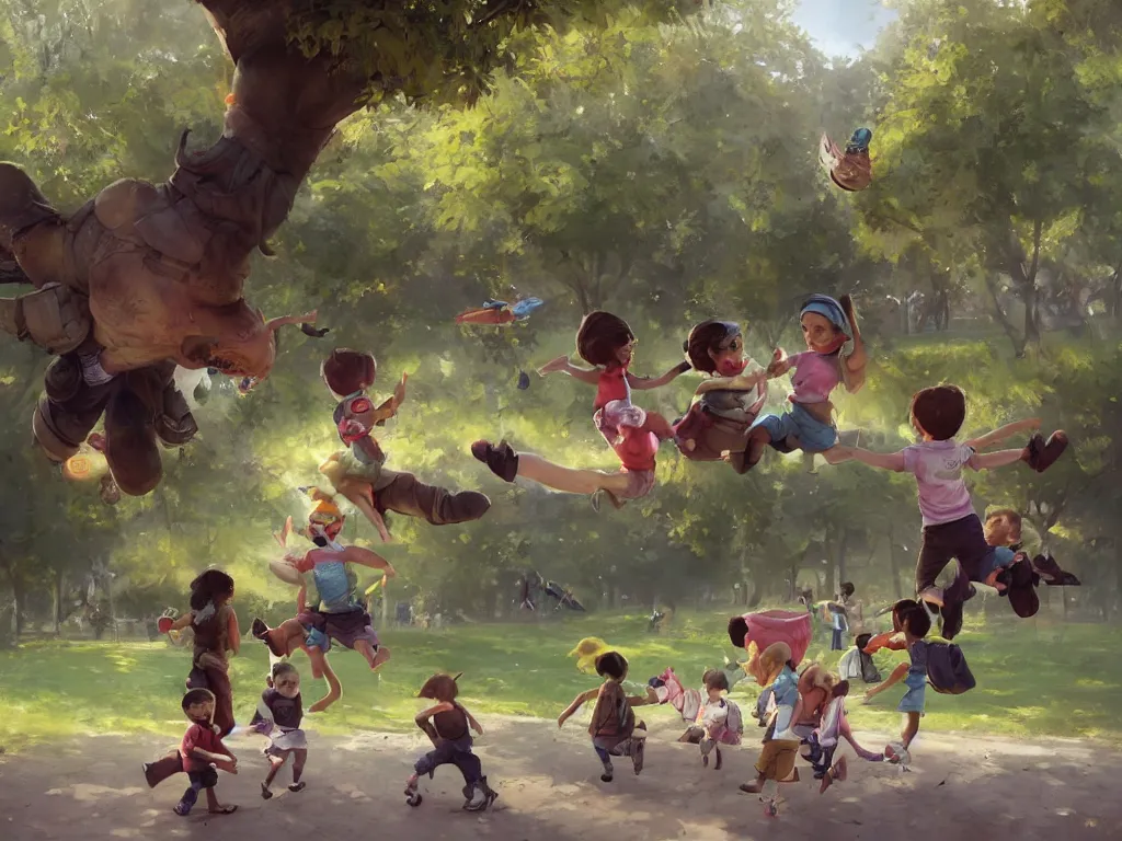 Prompt: happy children fly through a public park, by alejandro burdisio and bob bylerley and greg rutkowski