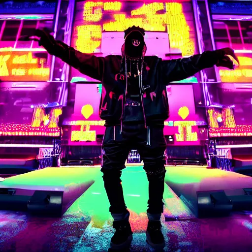 Image similar to a rapper performing on stage for millions of people while wearing cyberpunk clothes, digital art, synthwave