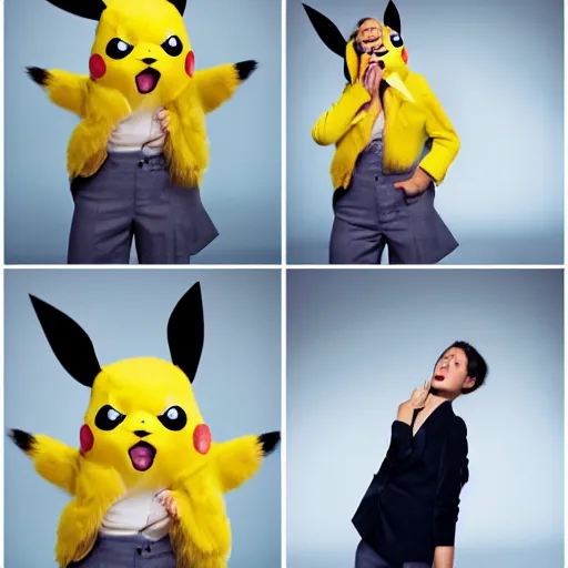 Image similar to sneezing model cute detective sneezing sick pikachu sneezing at a model photoshoot studio lighting by annie leibovitz