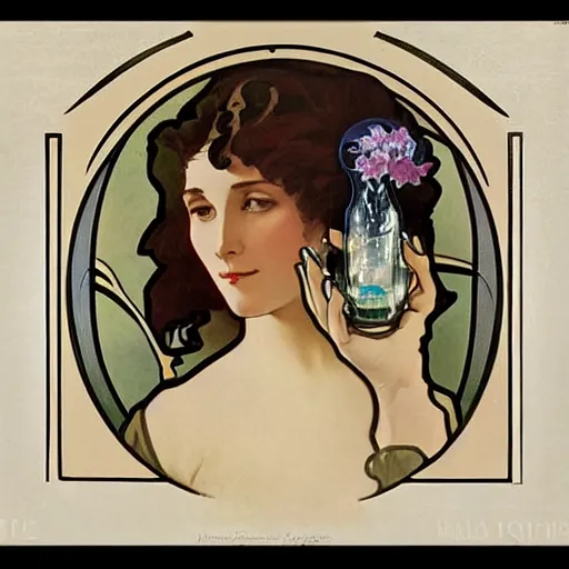 Prompt: art nouveau painting by Alphonse Mucha of a beautiful female scientist in 1920s dress holding a sparkling round bottomed flask of blue liquid up to the light. The woman is framed with flowers. Soft, muted colors.