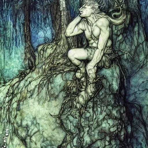 Prompt: a troll on a rock in a forest, dramatic lighting, fluid, smooth, bright, colours, high contrast, sharpness, very detailed, intricate, by briand froud and arthur rackham and john bauer