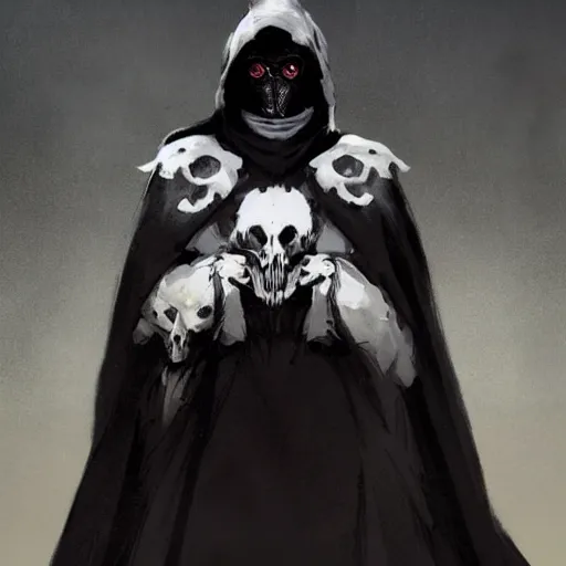 Image similar to full body portrait of a character wearing a black cloak, with a white mask in the shape of an animal skull, the mask covers her entire face, dramatic lighting, illustration by Greg rutkowski, yoji shinkawa, 4k, digital art, concept art, trending on artstation