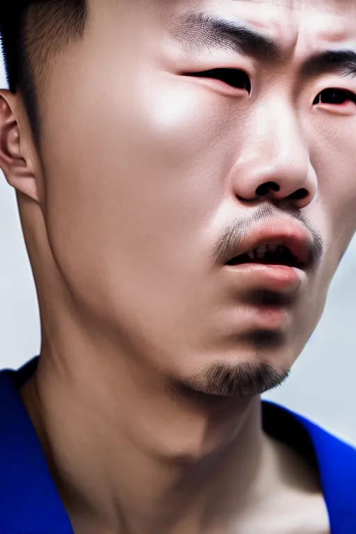 Prompt: high quality close-up photo very expressive biomechanic chinese man highly detailed eric zener elson peter cinematic blue lighting high angle hd 8k sharp shallow depth of field