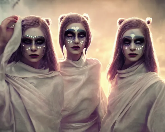 Image similar to a film still of three synthetic female human oracles wrapped in white cloth, beautiful, facepaint, neotokyo, cinematic lighting, high resolution, 4 k