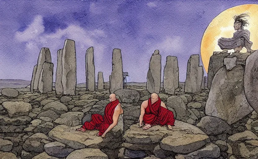 Image similar to a hyperrealist watercolor fantasy concept art of giant monk with a long forehead in grey robes sitting in stonehenge. several large stones are floating in the air. in the background a ufo is in the sky. by rebecca guay, michael kaluta, charles vess