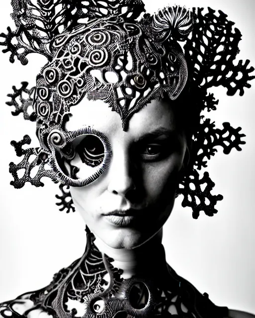 Image similar to surreal black and white photo portrait of complex bio-mechanical beautiful young female vegetal-cyborg with a Mandelbrot fractal metal fine lace face, curled silver hair, 150 mm lens, soft rim light, fine metal floral foliage super big lace collar by Alexander McQueen, high fashion, haute couture, rococo, steampunk, silver filigree details, anatomical, facial muscles, cable wires, microchip, elegant, hyper realistic, octane render, unreal engine, in the style Dora Maar, volumetric lighting, 8k,