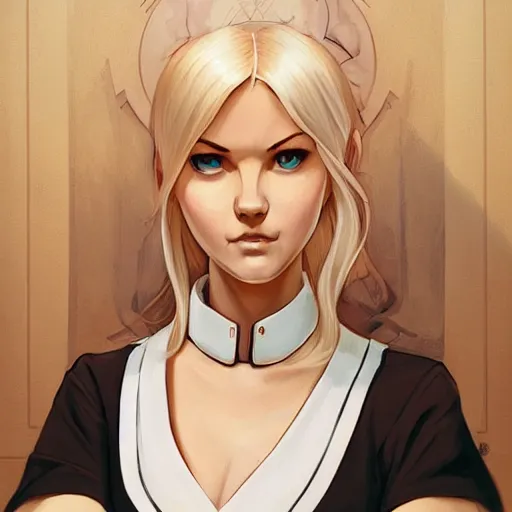 Image similar to epic portrait an beautiful waitress in a white uniform and short sleeves carriyng coffee, front facing symmetrical centered painted portrait, just one head, Elisha Cuthbert as a D&D Paladin, RPG character avatar, Blizzard concept art, pixar, dreamworks, global illumination lighting, trending on artstation, by lois van baarle, ilya kuvshinov, rossdraws