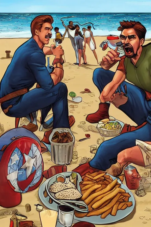 Prompt: steve rogers and tony stark as the avengers sitting on a beach eating fish and chips, hyper detailed, realistic