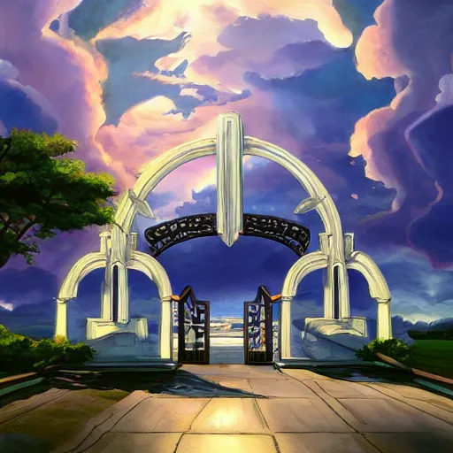Prompt: Establishing shot of the Gate of Three Skies, digital art, Establishing shot of the Gate of Three Skies, trending on ArtStation, Establishing shot of the Gate of Three Skies, by Charles Sheeler and ArtGerm, photorealism, style of aetherpunk, Establishing shot of the Gate of Three Skies, arborescent architecture ♦️♦️♦️