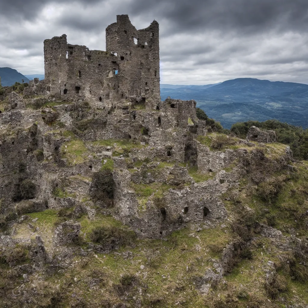 Image similar to photograph, a ruined castle on top of a big mountain, the photo was taken from very far away below the castke looking up at it, there are no other mountains around it, there is only sky in the background, day time, ambient lighting, exteme far up, ultra high detail, 8 k