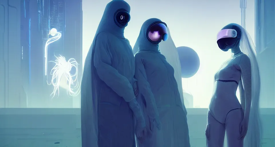 Image similar to portrait of yael shelbia and kang seul - gi, venus squid astronaut, burka, white hair, intricate design details. cyberpunk, rioter, by ruan jia, beeple and richard corben. smooth gradients, deep space.