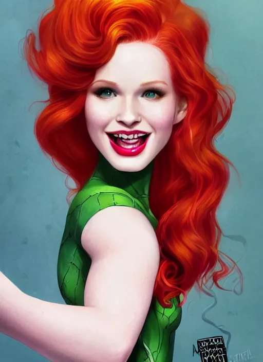 Prompt: beautiful Madelaine Petsch poison ivy DC comics taking a selfie, evil smile, realistic character concept, medium shot, fun pose, comic book, illustration, slender symmetrical face and body, artstation, cinematic lighting, hyperdetailed, high resolution, Charlie Bowater, Tom Bagshaw, single face, insanely detailed and intricate, beautiful