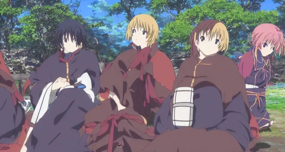 Image similar to Still from a Kyoto Animation anime of a fighter, a mage and a thief resting at camp after a successful adventure