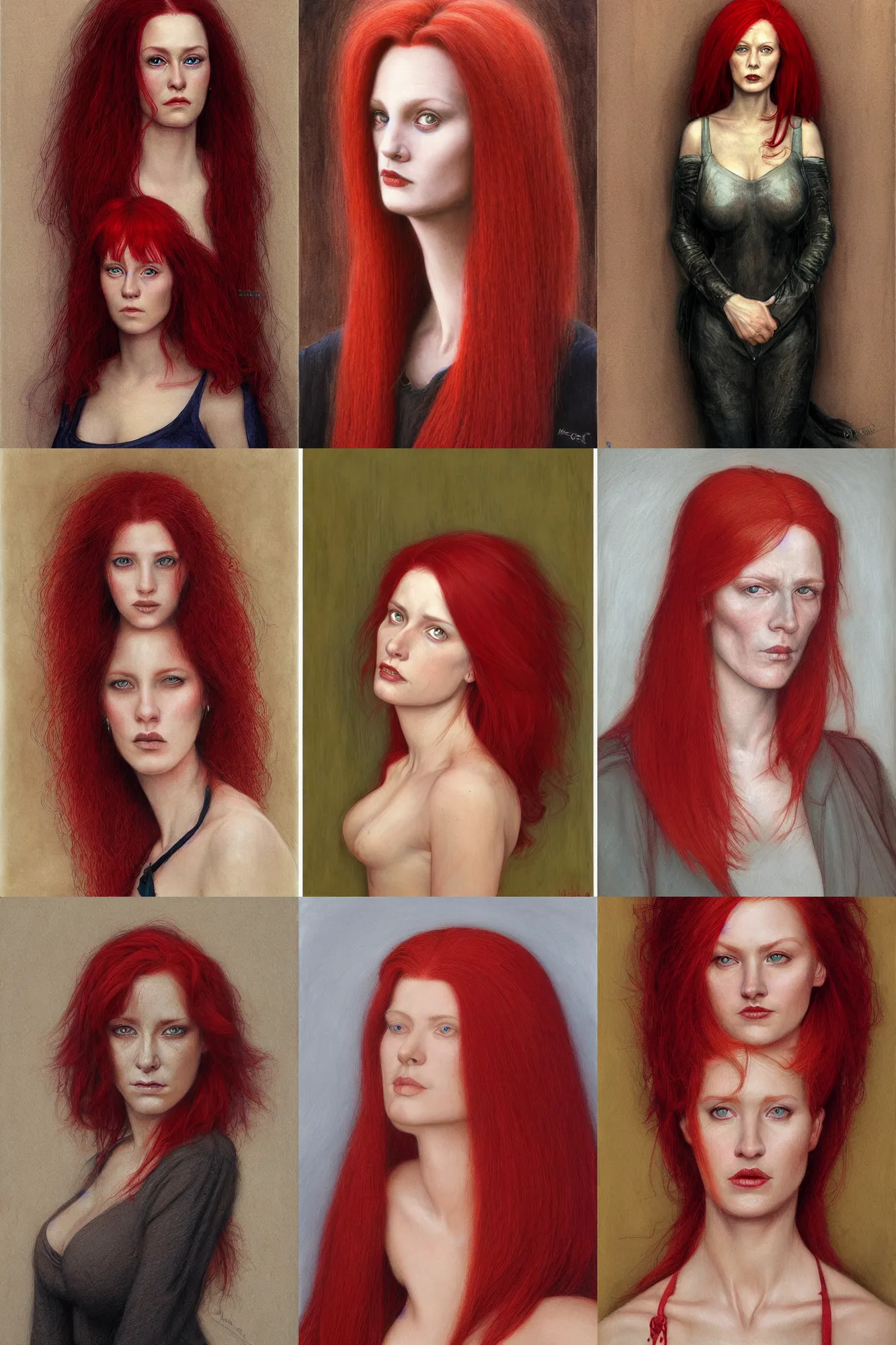 Prompt: Woman with red hair, portrait by John Howe