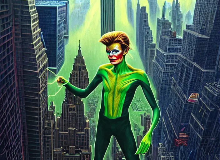 Prompt: painted poster of david bowie, as the green goblin flying above new york in the background. intricate, elegant, highly detailed, centered, digital painting, artstation, concept art, smooth, sharp focus, illustration, artgerm, tomasz alen kopera, peter mohrbacher, donato giancola, joseph christian leyendecker, drew struzan