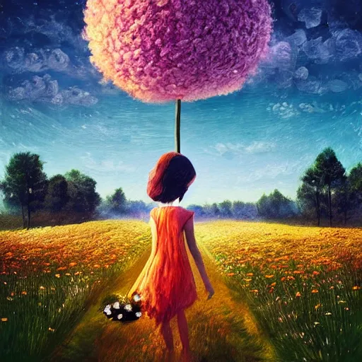 Image similar to giant daisy flower as a head, girl walking in flower field, surreal photography, night moon light, dramatic, impressionist painting, clouds, digital painting, artstation, simon stalenhag