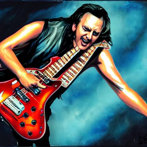 Prompt: Rik Mayall Shredding on an electric guitar, artwork by Jason Edmiston