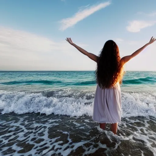 Prompt: woman with waving long hair, wading through ocean waves, back view, first person view