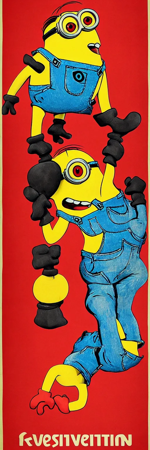 Image similar to Minion on old Soviet poster, high quality, warm colours, red colours