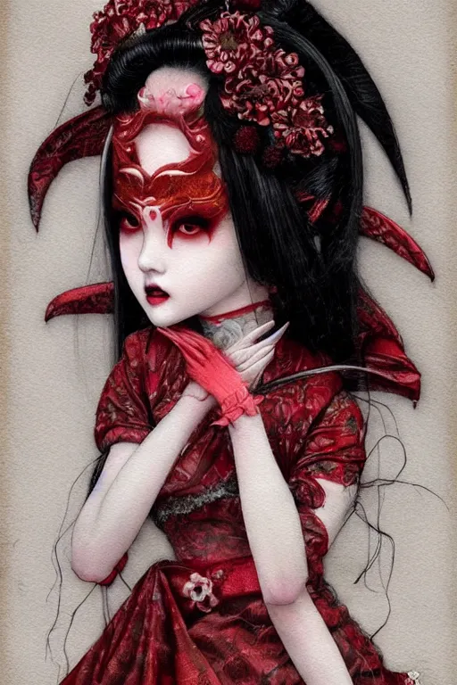 Image similar to watercolor painting of a japanese bjd geisha vampire queen with a long neck in a victorian lolita fashion red dress in the style of dark - fantasy painted by tom bagshaw, amy sol, nekro, dmt art, symmetrical vogue face portrait, intricate detail, artstation, cgsociety, artgerm, rococo