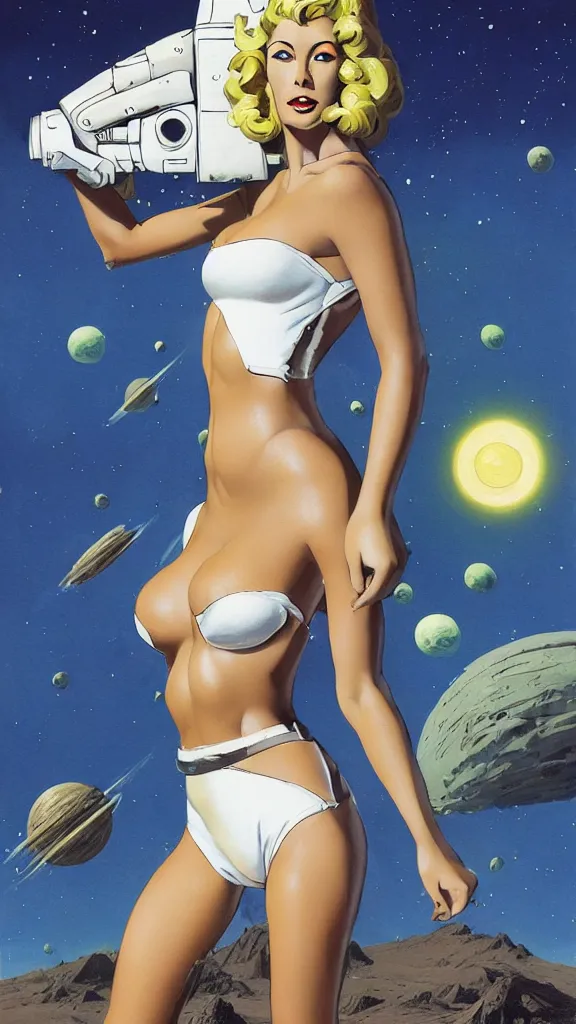 Image similar to A mixed media portrait painting of a beautiful blonde brunette woman exploring an alien planet, very curvy, aesthetic! high-waisted white-bikini-armor and boots, holding raygun, aesthetic symmetrical face and eyes, model, Scandinavian, wet, discarded mechsuit in background, by Frank Frazetta, Boris Vallejo, Beeple, Greg Rutkowski, Christian MacNevin, eighties-pinup style, epic fantasy character art, high fantasy, CGsociety, exquisite detail, post-processing, masterpiece, cinematic