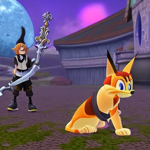 Image similar to A leaked image of a Warrior cats world in Kingdom Hearts 4, Kingdom hearts worlds, , action rpg Video game, Sora wielding a keyblade, Sora as a cat, cartoony shaders, rtx on, Erin hunter, Warrior cats book series