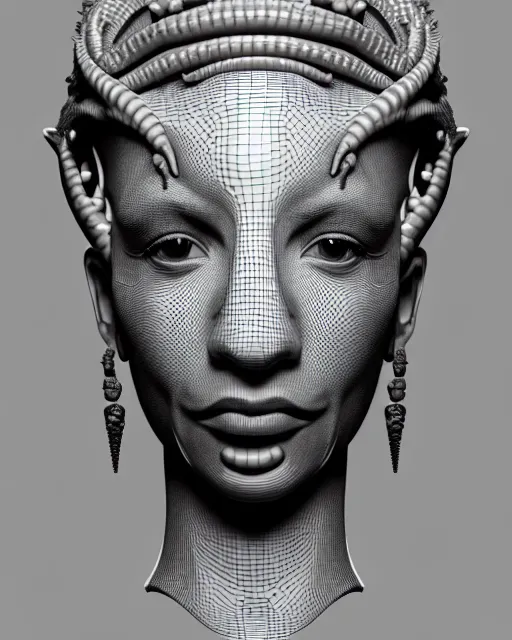 Prompt: a black and white 3D render of a young beautiful female queen-dragon-cyborg bust with a very long neck and Mandelbrot fractal face, Mandelbrot fractal skin, flesh, anatomical, facial muscles, veins, arteries, elegant, highly detailed, flesh highly baroque ornate, hair are cable wires, elegant, high fashion, rim light, octane render, in the style of H.R. Giger, Realistic, Refined, Digital Art, Highly Detailed, Cinematic Lighting, rim light, black and white, photo-realistic, 8K