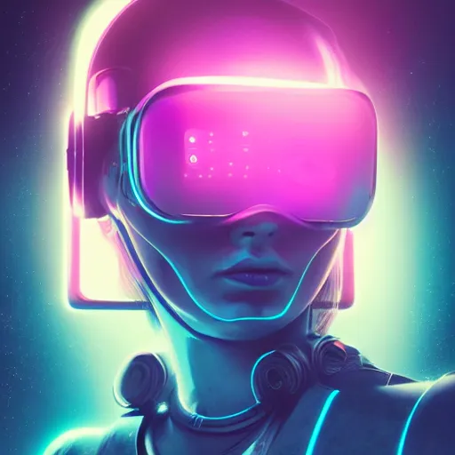 Image similar to cyberpunk concept cool girl cyborg bot, cinema 4 d, galaxy, ufo, space sci - fi, wearing vr goggles, illustration, portrait, pastel neon textured background night, trending on artstation, greg rutkowski, octane rendered, 1 2 k, detailed,