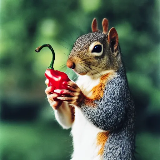 Image similar to a photograph of a Squirrel winces in disgust whilst holding a pepper, portra 800