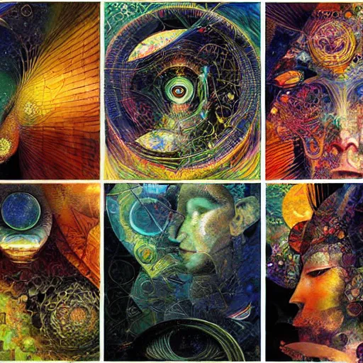 Prompt: visionary art of a transcendental voyage by android jones, collage artwork by dave mckean and yoshitaka amano