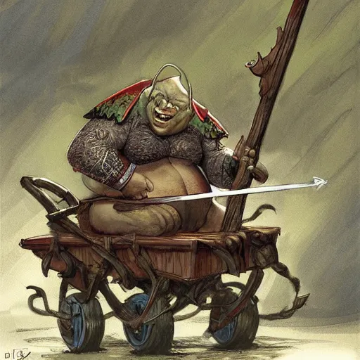 Prompt: painting of fat orc riding in a slapdash wooden cart holding a lance, fantasy art, magic : the gathering art, by diterlizzi