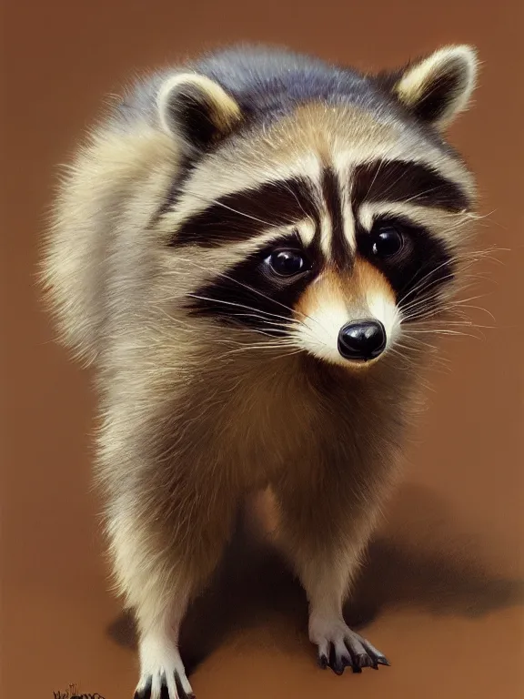 Prompt: A ultradetailed beautiful panting of a very cute racoon with a playful smile stealing a bag of potatoes, oil panting, high resolution 4K, by Ilya Kuvshinov, Greg Rutkowski and Makoto Shinkai