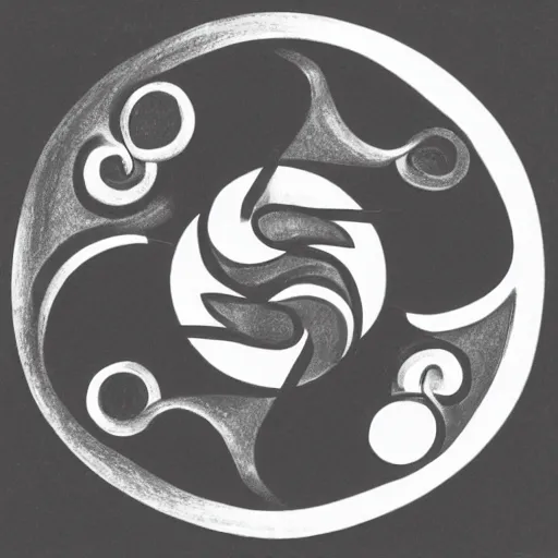 Prompt: a yin yang symbol, surrounded by a snake eating its own tail, drawing