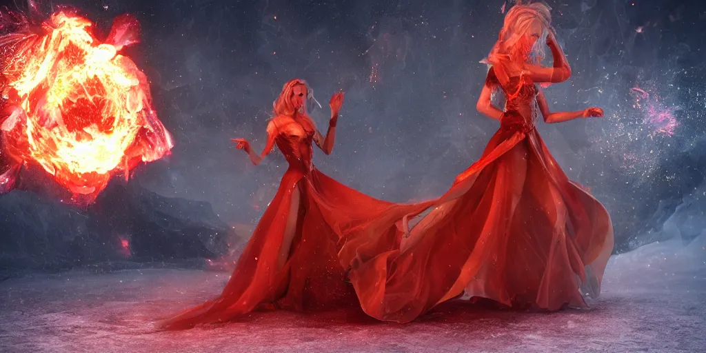 Prompt: extraordinary sensual fairytale princess dress made of fire and ice, snow, fusion, eruption, particles, 3d model, epic scene unreal render depth of focus blur hyper realistic detail Star Wars, fantasy , x-men storm , art behance