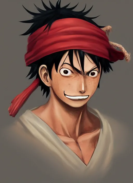 Prompt: a portrait of Monkey D Luffy if he was real, wearing a traditional samurai dress, intricate, highly detailed, digital painting, artstation, concept art, smooth, sharp focus, illustration, art by Charlie Bowater and Gustave Baumann, matte painting