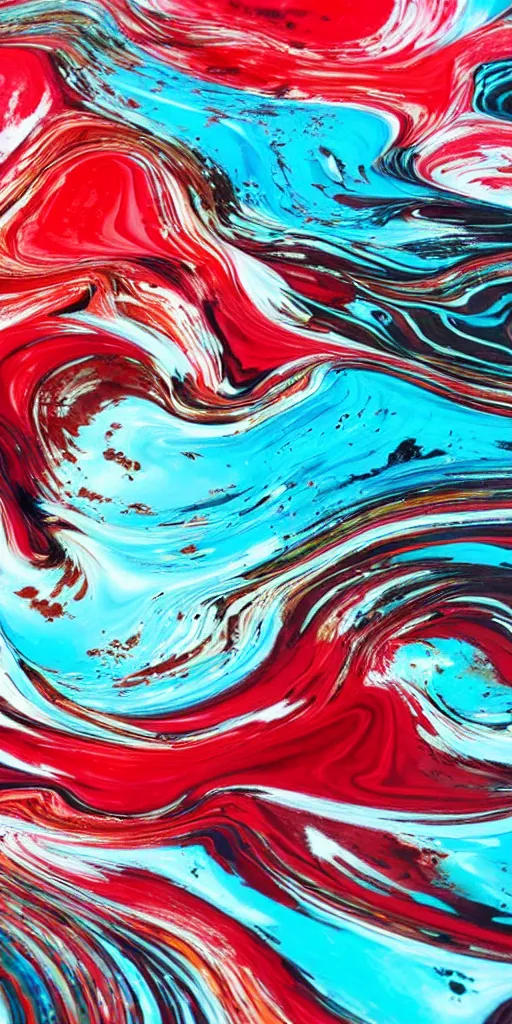 Prompt: a macro shot of thick viscous paint, brilliant white ink, dark turquoise oil paint, deep red fluid paint, liquid gold, flowing creating waves, hyper realistic, hyper detailed, fluidity, subtle depth of field,